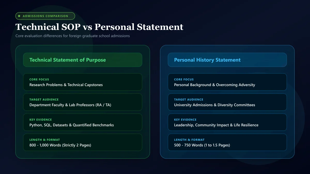 Comparison matrix between a technical statement of purpose and a personal statement for graduate school
