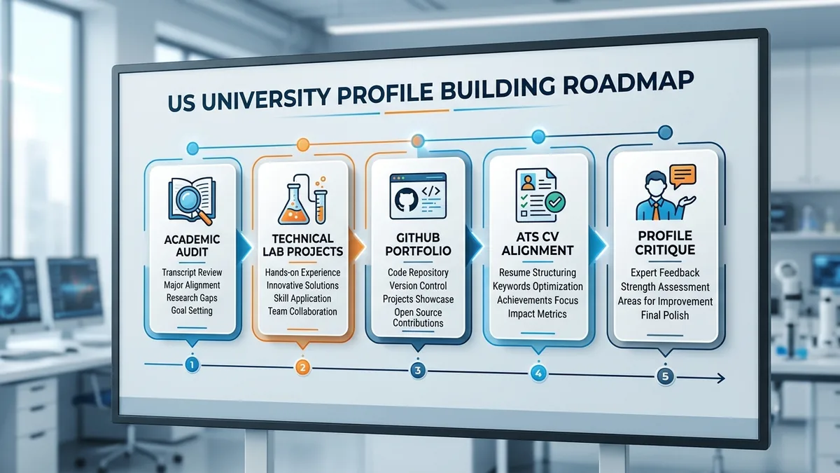 Profile building roadmap for MS in US admissions illustrating technical project showcase and ATS resume compliance